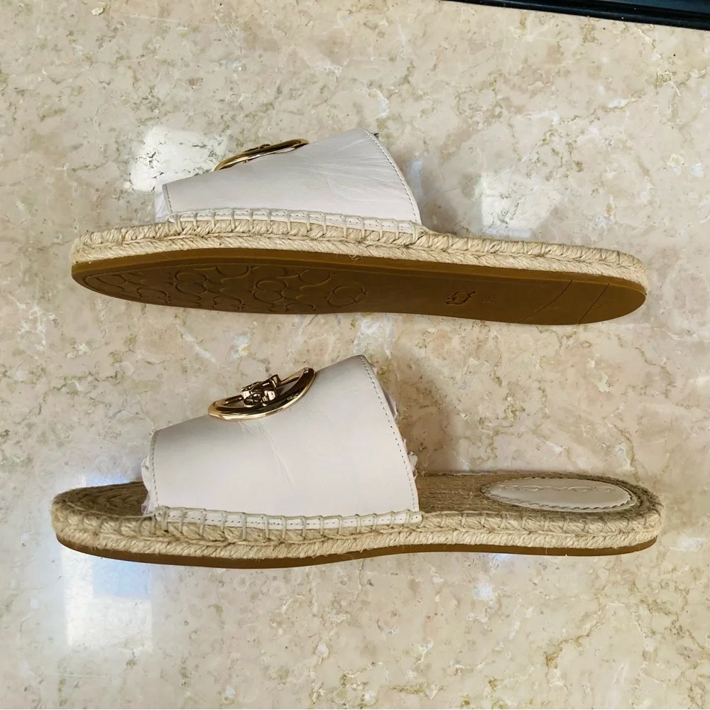 Coach White Leather Espadrille Slide Sandals with Gold Logo